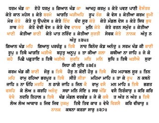 Drm KMf kw eyho Drmu ] igAwn KMf kw AwKhu krmu ] kyqy pvx pwxI vYsMqr
kyqy kwn mhys ] kyqy brmy GwViq GVIAih rUp rMg ky vys ] kyqIAw krm BUmI
myr kyqy kyqy DU aupdys ] kyqy ieMd cMd sUr kyqy kyqy mMfl dys ] kyqy isD buD
nwQ kyqy kyqy dyvI vys ] kyqy dyv dwnv muin kyqy kyqy rqn smuMd ] kyqIAw
KwxI kyqIAw bwxI kyqy pwq nirMd ] kyqIAw surqI syvk kyqy nwnk AMqu n
AMqu ]35]
igAwn KMf mih igAwnu prcMfu ] iqQY nwd ibnod kof Anµdu ] srm KMf kI bwxI
rUpu ] iqQY GwViq GVIAY bhuqu AnUpu ] qw kIAw glw kQIAw nw jwih ] jy ko
khY ipCY pCuqwie ] iqQY GVIAY suriq miq min buiD ] iqQY GVIAY surw
isDw kI suiD ]36]
krm KMf kI bwxI joru ] iqQY horu n koeI horu ] iqQY joD mhwbl sUr ] iqn
mih rwmu rihAw BrpUr ] iqQY sIqo sIqw mihmw mwih ] qw ky rUp n kQny
jwih ] nw Eih mrih n Twgy jwih ] ijn kY rwmu vsY mn mwih ] iqQY Bgq
vsih ky loA ] krih Anµdu scw min soie ] sc KMif vsY inrMkwru ] kir kir
vyKY ndir inhwl ] iqQY KMf mMfl vrBMf ] jy ko kQY q AMq n AMq ] iqQY
loA loA Awkwr ] ijv ijv hukmu iqvY iqv kwr ] vyKY ivgsY kir vIcwru ]
nwnk kQnw krVw swru ]37]
 