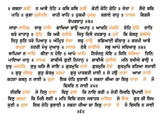 ] kQnw kQI n AwvY qoit ] kiQ kiQ kQI kotI koit koit ] dydw dy lYdy Qik
pwih ] jugw jugMqir KwhI Kwih ] hukmI hukmu clwey rwhu ] nwnk ivgsY
vyprvwhu ]3]
swcw swihbu swcu nwie BwiKAw Bwau Apwru ] AwKih mMgih dyih dyih dwiq
kry dwqwru ] Pyir ik AgY rKIAY ijqu idsY drbwru ] muhO ik bolxu bolIAY
ijqu suix Dry ipAwru ] AMimRq vylw scu nwau vifAweI vIcwru ] krmI AwvY
kpVw ndrI moKu duAwru ] nwnk eyvY jwxIAY sBu Awpy sicAwru ]4]
QwipAw n jwie kIqw n hoie ] Awpy Awip inrMjnu soie ] ijin syivAw iqin
pwieAw mwnu ] nwnk gwvIAY guxI inDwnu ] gwvIAY suxIAY min rKIAY Bwau ]
duKu prhir suKu Gir lY jwie ] gurmuiK nwdM gurmuiK vydM gurmuiK rihAw smweI
] guru eIsru guru gorKu brmw guru pwrbqI mweI ] jy hau jwxw AwKw nwhI
khxw kQnu n jweI ] gurw iek dyih buJweI ] sBnw jIAw kw ieku dwqw so mY
ivsir n jweI ]5]
qIriQ nwvw jy iqsu Bwvw ivxu Bwxy ik nwie krI ] jyqI isriT aupweI vyKw
ivxu krmw ik imlY leI ] miq ivic rqn jvwhr mwixk jy iek gur kI isK
suxI ] gurw iek dyih buJweI ] sBnw jIAw kw ieku dwqw so mY ivsir n jweI
]6]
 