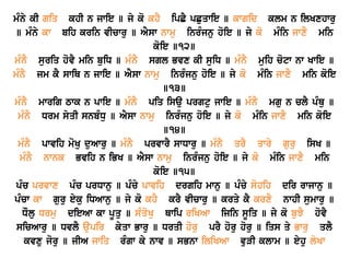 mMny kI giq khI n jwie ] jy ko khY ipCY pCuqwie ] kwgid klm n ilKxhwru
] mMny kw bih krin vIcwru ] AYsw nwmu inrMjnu hoie ] jy ko mMin jwxY min
koie ]12]
mMnY suriq hovY min buiD ] mMnY sgl Bvx kI suiD ] mMnY muih cotw nw Kwie ]
mMnY jm kY swiQ n jwie ] AYsw nwmu inrMjnu hoie ] jy ko mMin jwxY min koie
]13]
mMnY mwrig Twk n pwie ] mMnY piq isau prgtu jwie ] mMnY mgu n clY pMQu ]
mMnY Drm syqI snbMDu ] AYsw nwmu inrMjnu hoie ] jy ko mMin jwxY min koie
]14]
mMnY pwvih moKu duAwru ] mMnY prvwrY swDwru ] mMnY qrY qwry guru isK ]
mMnY nwnk Bvih n iBK ] AYsw nwmu inrMjnu hoie ] jy ko mMin jwxY min
koie ]15]
pMc prvwx pMc prDwnu ] pMcy pwvih drgih mwnu ] pMcy sohih dir rwjwnu ]
pMcw kw guru eyku iDAwnu ] jy ko khY krY vIcwru ] krqy kY krxY nwhI sumwru ]
DOlu Drmu dieAw kw pUqu ] sMqoKu Qwip riKAw ijin sUiq ] jy ko buJY hovY
sicAwru ] DvlY aupir kyqw Bwru ] DrqI horu prY horu horu ] iqs qy Bwru qlY
kvxu joru ] jIA jwiq rMgw ky nwv ] sBnw iliKAw vuVI klwm ] eyhu lyKw
 