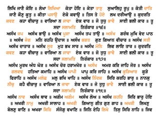 iliK jwxY koie ] lyKw iliKAw kyqw hoie ] kyqw qwxu suAwilhu rUpu ] kyqI dwiq
jwxY kOxu kUqu ] kIqw pswau eyko kvwau ] iqs qy hoey lK drIAwau ] kudriq
kvx khw vIcwru ] vwirAw n jwvw eyk vwr ] jo quDu BwvY sweI BlI kwr ] qU
sdw slwmiq inrMkwr ]16]
AsMK jp AsMK Bwau ] AsMK pUjw AsMK qp qwau ] AsMK grMQ muiK vyd pwT
] AsMK jog min rhih audws ] AsMK Bgq gux igAwn vIcwr ] AsMK sqI
AsMK dwqwr ] AsMK sUr muh BK swr ] AsMK moin ilv lwie qwr ] kudriq
kvx khw vIcwru ] vwirAw n jwvw eyk vwr ] jo quDu BwvY sweI BlI kwr ] qU
sdw slwmiq inrMkwr ]17]
AsMK mUrK AMD Gor ] AsMK cor hrwmKor ] AsMK Amr kir jwih jor ] AsMK
glvF hiqAw kmwih ] AsMK pwpI pwpu kir jwih ] AsMK kUiVAwr kUVy
iPrwih ] AsMK mlyC mlu BiK Kwih ] AsMK inMdk isir krih Bwru ] nwnku
nIcu khY vIcwru ] vwirAw n jwvw eyk vwr ] jo quDu BwvY sweI BlI kwr ] qU
sdw slwmiq inrMkwr ]18]
AsMK nwv AsMK Qwv ] AgMm AgMm AsMK loA ] AsMK khih isir Bwru hoie
] AKrI nwmu AKrI swlwh ] AKrI igAwnu gIq gux gwh ] AKrI ilKxu
bolxu bwix ] AKrw isir sMjogu vKwix ] ijin eyih ilKy iqsu isir nwih ] ijv
 