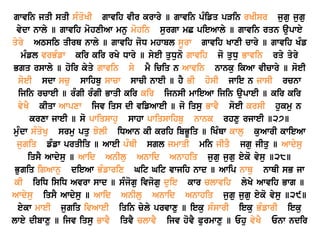 gwvin jqI sqI sMqoKI gwvih vIr krwry ] gwvin pMifq pVin rKIsr jugu jugu
vydw nwly ] gwvih mohxIAw mnu mohin surgw mC pieAwly ] gwvin rqn aupwey
qyry ATsiT qIrQ nwly ] gwvih joD mhwbl sUrw gwvih KwxI cwry ] gwvih KMf
mMfl vrBMfw kir kir rKy Dwry ] syeI quDuno gwvih jo quDu Bwvin rqy qyry
Bgq rswly ] hoir kyqy gwvin sy mY iciq n Awvin nwnku ikAw vIcwry ] soeI
soeI sdw scu swihbu swcw swcI nweI ] hY BI hosI jwie n jwsI rcnw
ijin rcweI ] rMgI rMgI BwqI kir kir ijnsI mwieAw ijin aupweI ] kir kir
vyKY kIqw Awpxw ijv iqs dI vifAweI ] jo iqsu BwvY soeI krsI hukmu n
krxw jweI ] so pwiqswhu swhw pwiqswihbu nwnk rhxu rjweI ]27]
muMdw sMqoKu srmu pqu JolI iDAwn kI krih ibBUiq ] iKMQw kwlu kuAwrI kwieAw
jugiq fMfw prqIiq ] AweI pMQI sgl jmwqI min jIqY jgu jIqu ] Awdysu
iqsY Awdysu ] Awid AnIlu Anwid Anwhiq jugu jugu eyko vysu ]28]
Bugiq igAwnu dieAw BMfwrix Git Git vwjih nwd ] Awip nwQu nwQI sB jw
kI iriD isiD Avrw swd ] sMjogu ivjogu duie kwr clwvih lyKy Awvih Bwg ]
Awdysu iqsY Awdysu ] Awid AnIlu Anwid Anwhiq jugu jugu eyko vysu ]29]
eykw mweI jugiq ivAweI iqin cyly prvwxu ] ieku sMswrI ieku BMfwrI ieku
lwey dIbwxu ] ijv iqsu BwvY iqvY clwvY ijv hovY Purmwxu ] Ehu vyKY Enw ndir
 