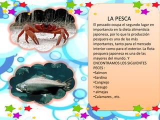 LA PESCA
El pescado ocupa el segundo lugar en
importancia en la dieta alimenticia
japonesa, por lo que la producción
pesqu...