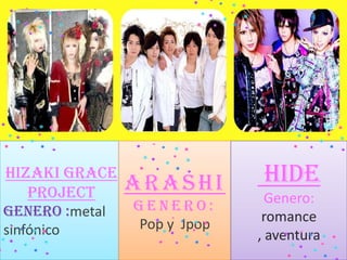 Hizaki Grace
Project
Genero :metal
sinfónico
ARASHI
G E N E R O :
Pop y Jpop
HIDE
Genero:
romance
, aventura
 