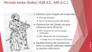 Periodo Asuka (Suiko) (538 d.C.-645 d.C.)
 Budismo como religión del emperador
 Principe Shoutoku
 Eje de la estructuración del Estado
 Construcción del Estado con gran
influencia de la China Sui
 603: Creación de nuevos rangos
cortesanos
 604: Redacción de la Constitución
 Código ético con influencia Confuciana
 Establecimiento del paralelismo
entre la relación soberano-súbdito y
la relación cielo-tierra
古
墳
時
代
 