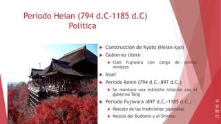 Periodo Heian (794 d.C-1185 d.C)
Política
 Construcción de Kyoto (Heian-kyo)
 Gobierno títere
 Clan Fujiwara con cargo de primer
ministro
 Insei
 Periodo Konin (794 d.C.-897 d.C.)
 Se mantuvo una estrecha relación con el
gobierno Tang
 Periodo Fujiwara (897 d.C.-1185 d.C.)
 Rescate de las tradiciones japonesas
 Mezcla del Budismo y el Shintou
平
安
時
代
 