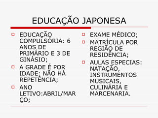 EDUCAÇÃO JAPONESA EDUCAÇÃO COMPULSÓRIA: 6 ANOS DE PRIMÁRIO E 3 DE GINÁSIO; A GRADE É POR IDADE: NÃO HÁ REPETÊNCIA; ANO LETIVO:ABRIL/MARÇO; EXAME MÉDICO; MATRÍCULA POR REGIÃO DE RESIDÊNCIA; AULAS ESPECIAS: NATAÇÃO, INSTRUMENTOS MUSICAIS, CULINÁRIA E MARCENARIA. 