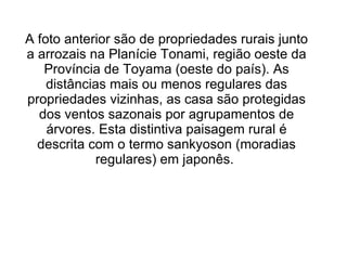 A foto anterior são de propriedades rurais junto a arrozais na Planície Tonami, região oeste da Província de Toyama (oeste do país). As distâncias mais ou menos regulares das propriedades vizinhas, as casa são protegidas dos ventos sazonais por agrupamentos de árvores. Esta distintiva paisagem rural é descrita com o termo sankyoson (moradias regulares) em japonês.  
