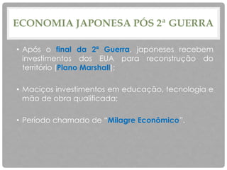 ECONOMIA JAPONESA PÓS 2ª GUERRA
• Após o final da 2ª Guerra, japoneses recebem
investimentos dos EUA para reconstrução do
território (Plano Marshall);
• Maciços investimentos em educação, tecnologia e
mão de obra qualificada;
• Período chamado de “Milagre Econômico”.
 