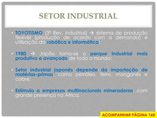 SETOR INDUSTRIAL
• TOYOTISMO (3ª Rev. Industrial)  sistema de produção
flexível (produção de acordo com a demanda) e
utilização da robótica e informática;
• 1980  Japão torna-se o parque industrial mais
produtivo e avançado de todo o mundo;
• Setor industrial japonês depende da importação de
matérias-primas, como petróleo, ferro, manganês e
cobre;
• Estímulo a empresas multinacionais mineradoras, com
grande presença na África.
ACOMPANHAR PÁGINA 160
 