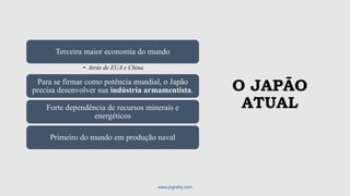 O JAPÃO
ATUAL
Terceira maior economia do mundo
• Atrás de EUA e China
Para se firmar como potência mundial, o Japão
precisa desenvolver sua indústria armamentista.
Forte dependência de recursos minerais e
energéticos
Primeiro do mundo em produção naval
www.jografia.com
 