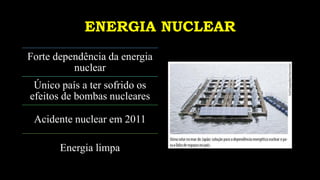 ENERGIA NUCLEAR
Forte dependência da energia
nuclear
Único país a ter sofrido os
efeitos de bombas nucleares
Acidente nuclear em 2011
Energia limpa
www.jografia.com
 