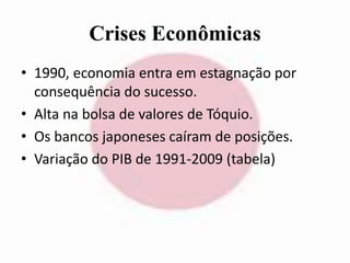 Crises Econômicas 
• 1990, economia entra em estagnação por 
consequência do sucesso. 
• Alta na bolsa de valores de Tóquio. 
• Os bancos japoneses caíram de posições. 
• Variação do PIB de 1991-2009 (tabela) 
 