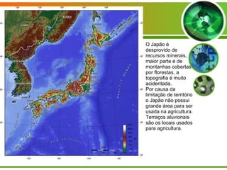 O Japão é desprovido de recursos minerais, maior parte é de montanhas cobertas por florestas, a topografia é muito acidentada. Por causa da limitação de território o Japão não possui grande área para ser usada na agricultura. Terraços aluvionais são os locais usados para agricultura. 