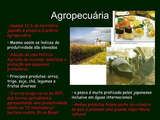 Agropecuária
• Apenas 13 % do território
japonês é propício à prática
agropecuária
• Mesmo assim os índices de
produtividade são elevados
• Adoção de uma Política
Agrícola de sucesso: subsídios e
proteção aos pequenos
produtores
• Principais produtos: arroz,
trigo, soja, chá, legumes e
frutas diversas
• O arroz ocupa cerca de 40%
das terras agricultáveis
apresentando uma produtividade
média de 70 toneladas p/
hectare contra 36 no Brasil
• a pesca é muito praticada pelos japoneses
inclusive em águas internacionais
• Ambos produtos fazem parte da culinária
do país e possuem uma grande importância
cultural
 