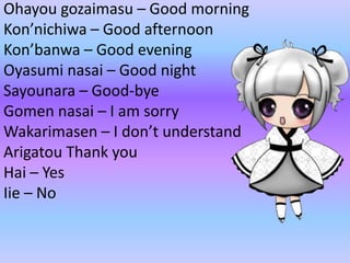 Ohayou gozaimasu C Good morning
Konnichiwa C Good afternoon
Konbanwa C Good evening
Oyasumi nasai C Good night
Sayounara C Good-bye
Gomen nasai C I am sorry
Wakarimasen C I dont understand
Arigatou Thank you
Hai C Yes
Iie C No
 
