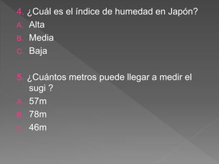 4. ¿Cuál es el índice de humedad en Japón?
A. Alta
B. Media
C. Baja
5. ¿Cuántos metros puede llegar a medir el
sugi ?
A. 57m
B. 78m
C. 46m
 