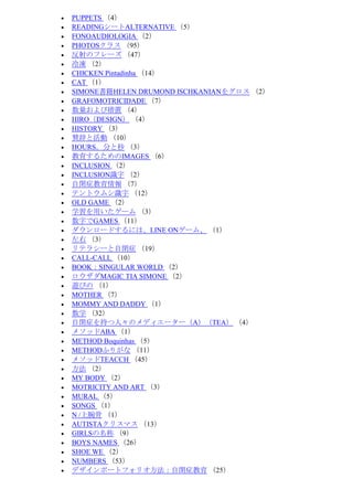 ? PUPPETS 4
? READING`ALTERNATIVE 5
? FONOAUDIOLOGIA 2
? PHOTOS饹 95
? Υե` 47
?  2
? CHICKEN Pintadinha 14
? CAT 1
? SIMONEHELEN DRUMOND ISCHKANIAN򥰥 2
? GRAFOMOTRICIDADE 7
? Ӵ 4
? HIRODESIGN 4
? HISTORY 3
? mǤȻ 10
? HOURS֤ 3
? 뤿IMAGES 6
? INCLUSION 2
? INCLUSIONR 2
? ]֢ 7
? ƥȥॷR 12
? OLD GAME 2
? ѧä` 3
? ֤GAMES 11
? `ɤˤϡLINE ON`ࡢ 1
?  3
? ƥ饷`]֢ 19
? CALL-CALL 10
? BOOKSINGULAR WORLD 2
? MAGIC TIA SIMONE 2
? [Ӥ 1
? MOTHER 7
? MOMMY AND DADDY 1
? ѧ 32
? ]֢֤ˡΥǥ``ATEA 4
? ᥽åABA 1
? METHOD Boquinhas 5
? METHODդ꤬ 11
? ᥽åTEACCH 45
?  2
? MY BODY 2
? MOTRICITY AND ART 3
? MURAL 5
? SONGS 1
? N / 1
? AUTISTAꥹޥ 13
? GIRLS 9
? BOYS NAMES 26
? SHOE WE 2
? NUMBERS 53
? ǥݩ`ȥեꥪ]֢ 25
 