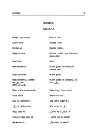 LECCI6NI
OhayO gozalmasu
Konnlchlwa
Kcnbanwa
Oyasummasal
SayOnara
Hazlmemashlte
DOzo yoroshlku
Hazlmemashlte, watashl
wa~desu
DOzo yoroshlku
Dewa mata (oalshlmashO)
Mata ashlta
Itsu ka oalshlmashO
~de oalshlmashO
Ikaga desu ka
Goklgen Ikaga desu ka
Genkl desu ka
LECCIONI
SALUDOS
Buenos dias
Buenas tardes
Buenas noches
Buenas noches, que descanse
(despedlda)
Adl6s
Mucho gusto (encontrar por
pnmera vez)
Mucho gusto
Mucho gusto en conocerlo, me
lIamo_X_
Hasta IIJego (nos vemos)
Hasta manana
Nos vemos algun dia
Nos vemos en ~
~C6mo esta de salud?
~Esta bien de salud?
19
 