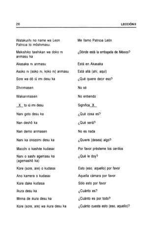 26
Watakushl no name wa Leon
Patncla to mOshlmasu
Meklshlko talshlkan wa doko nI
anmasu ka
Akasaka nI anmasu
Asoko nI (soko nI, koko nI) anmasu
Sore wa dO 10 Iml desu ka
Shlnmasen
Wakanmasen
~ to 10 Iml desu
Nanl goto desu ka
Nan deshO ka
Nan demo anmasen
Nanl ka onozoml desu ka
Macchi 0 kashlte kudasal
Nanl 0 sashl agemasu ka
(agemashO ka)
Kore (sore, are) 0 kudasal
Ano kamera 0 kudasal
Kore dake kudasal
Ikura desu ka
Minna de Ikura desu ka
Kore (sore, are) wa Ikura desu ka
LECCI6NII
Me lIamo Patncla Le6n
l,D6nde esta la embaJada de MexIco?
Esta en Akasaka
Esta alia (ahf, aquf)
l,Que qUiere declr eso?
No se
No entlendo
l,Que cosa es?
l,Que sera?
No es nada
l,QUlere (desea) algo?
Por favor presteme los cenllos
l,Que Ie doy?
Esto (eso, aquello) por favor
Aquella camara por favor
S610 esto por favor
l,Cuanto es?
l,Cuanto es p~r todo?
l,CUanto cuesta esto (eso, aquello)?
 