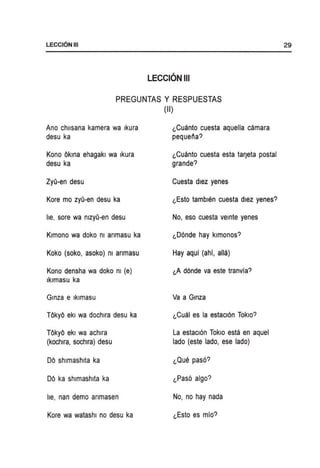 LECCIONIII
LECCION III
PREGUNTAS Y RESPUESTAS
(II)
Ano chllsana kamera wa Ikura
desu ka
Kono Okma ehagakl wa Ikura
desu ka
ZyO-en desu
Kore mo zyO-en desu ka
lie, sore wa nlzyO-en desu
Kimono wa doko nI anmasu ka
Koko (soko, asoko) nI anmasu
Kono densha wa doko nI (e)
Iklmasu ka
Gmza e Iklmasu
TOkyO ekl wa dochlra desu ka
TOkyO ekl wa achlra
(kochlra, sochlra) desu
DO shlmashlta ka
DO ka shlmashlta ka
lie, nan demo anmasen
Kore wa watashl no desu ka
l,Cuanto cuesta aquella camara
pequeiia?
l,Cuanto cuesta esta tarJeta postal
grande?
Cuesta dlez yenes
l,Esto tamblEm cuesta dlez yenes?
No, eso cuesta vemte yenes
l,D6nde hay kimonos?
Hay aqui (ahi, alia)
l,A d6nde va este tranvfa?
Va a Gmza
l,Cual es la estacl6n Tokio?
La estacl6n Tokio esta en aquel
lado (este lado, ese lado)
l,Pas6 algo?
No, no hay nada
l,Esto es mio?
29
 