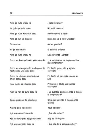 52 LECCI6NVIII
Ame ga hutte Imasu ka l,Esta 1I0vlendo?
he, yuki ga hutte Imasu No, esta nevando
Ame 9a hutte kurumltal desu Parece que va allover
Ame ga hun sO desu ne Olcen que va allover l,verdad?
SO desu ne Asi es l,verdad?
HI ga tette Imasu EI sol esta bnllando
Ame ga hutte Imasu ne Esta lIovlendo l, verdad?
Nlhon wa klon ga kawan yasUi desu ka l,La temperatura de Jap6n cambia
repentmamente?
Nlhon wa roku-gatsu to shlchl-gatsu to En Japon, Junlo, Julio y agosto
hachl-gatsu wa natsu desu es verano
Nlhon de Ichl-ban atsUi tsukl wa En Japon, el mes mas caliente es
shlchl-gatsu desu Julio
Haru to akl ga II klsetsu desu Pnmavera y otolio son buenas
estaclones
Klon wa nan-do gural desu ka l,Oe cuantos grados es mas 0 menos
la temperatura?
Go-do gural aru to omolmasu Creo que hay mas 0 menos cmco
grados
Nan to atsUi koto deshO IQue calurosol
KyO wa nan-mchl desu ka l,Que dia es hoy?
KyO wa roku-gatsu zyQgo-mchl desu Hoy es 15 de Junlo
KyO wa nan-yO{bl) desu ka l,Que dia de la semana es hoy?
 
