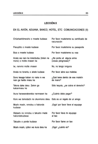LECCI6NX 65
LECCIONX
EN EL AVI6N, ADUANA, BANCO, HOTEL, ETC COMUNICACIONES (II)
ChQshashOmelsho 0 mlsete kudasal
PasupOto 0 mlsete kudasal
Blza 0 mlsete kudasal
Anata wa nanl ka klkenbutsu (klken na
mono) 0 motte Imasen ka
he, nanlmo motte Imasen
Anata no toranku 0 akete kudasal
Sono tesage kaban no naka nI wa
nanl ga haltte Imasu ka
Teknra dake desu Zelkln ga
kakanmasu ka
Ikura harawanakereba nanmasen ka
Por favor muestreme su certlficado de
vacunacl6n
Por favor muestreme su pasaporte
Por favor muestreme su visa
l,No porta ud alguna arma
(cosas pehgrosas)?
No, no tengo nlnguna
Por favor abra sus maletas
l,Que tlene dentro de ese maletin
de mano?
5610 tequila, l,se cobra el derecho?
l,Cuanto debo pagar?
Kore wa tomodachl no okunmono desu Esto es un regalo de un amigo
Moshl moshl, nlmotsu 0 hakonde
kudasal
Watashl no nlmotsu 0 takushll made
hakondekudasal
Takushll 0 yonde kudasal
Moshl moshl, ryOkln wa Ikura desu ka
,Olgal por favor lIeve el equlpaJe
Por favor lIeve ml equlpaJe
al taxi
Por favor lIame un tax,
 