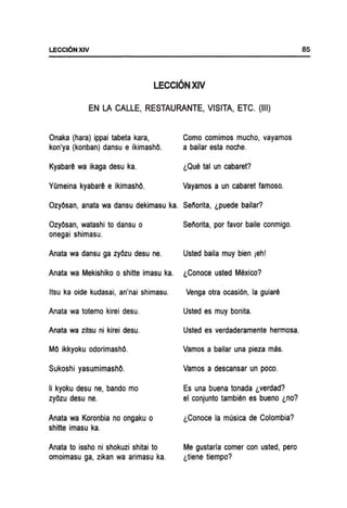 LECCI6NXIV
LECCI6NXIV
EN LA CALLE, RESTAURANTE, VISITA, ETC. (III)
Onaka (hara) ippai tabeta kara,
kon'ya (konban) dansu e ikimashO.
Kyabar~ wa ikaga desu ka.
YQmeina kyabar~ e ikimashO.
Como comimos mucho, vayamos
a bailar esta noche.
l,Que tal un cabaret?
Vayamos a un cabaret famoso.
OzyOsan, anata wa dansu dekimasu ka. Senorita, l,puede bailar?
OzyOsan, watashi to dansu 0
onegai shimasu.
Anata wa dansu ga zyOzu desu ne.
Anata wa Mekishiko 0 shitte imasu ka.
Itsu ka oide kudasai, an'nai shimasu.
Anata wa totemo kirei desu.
Anata wa zitsu ni kirei desu.
MO ikkyoku odorimashO.
Sukoshi yasumimashO.
Ii kyoku desu ne, bando mo
zyOzu desu ne.
Anata wa Koronbia no ongaku 0
shitte imasu ka.
Anata to issho ni shokuzi shitai to
omoimasu ga, zikan wa arimasu ka.
Senorita, por favor baile conmigo.
Usted baila muy bien jeh!
l,Conoce usted Mexico?
Venga otra ocasi6n, la guiare
Usted es muy bonita.
Usted es verdaderamente hermosa.
Vamos a bailar una pieza mas.
Vamos a descansar un poco.
Es una buena tonada l,verdad?
el conjunto tambien es bueno l,no?
l,Conoce la musica de Colombia?
Me gustarfa comer con usted, pero
l,tiene tiempo?
85
 