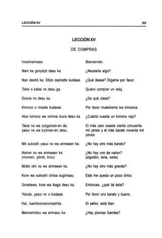 LECCI6NXV 89
LECCI6NXV
DE COMPRAS
Irasshaimase.
Nani ka gonyOyO desu ka.
Nan deshO ka. DOzo osshatte kudasai.
Tokei 0 kaitai no desu gao
Donna no desu ka.
Kimono 0 misete kudasai.
Akai kimono wa ichimai ikura desu ka.
Takai no wa zyOgoman-en de,
yasui no wa kyOman-en desu.
MO sukoshi yasui no wa arimasen ka.
Nairon no wa arimasen ka.
(momen, yOmO, kinu)
Motto okii no wa arimasen ka.
Kore wa sukoshi chiisa sugimasu.
Soredewa, kore wa ikaga desu ka.
Yokute, yasui no 0 kudasai.
Hai, kashikomaromashita.
Mannenhitsu wa arimasu ka.
Bienvenido.
iNecesita algo?
i Que desea? Dfgame por favor.
Quiero comprar un reloj.
iDe que clase?
Por favor muestreme los kimonos.
iCuanto cuesta un kimono rojo?
EI mas caro cuesta ciento cincuenta
mil yenes y el mas barato noventa mil
yenes.
iNo hay otro mas barato?
iNo hay uno de nailon?
(algod6n, lana, seda)
iNo hay otro mas grande?
Este me queda un poco chico.
Entonces, ique tal este?
Por favor uno barato y bueno.
Sf senor, esta bien.
iHay plumas fuentes?
 