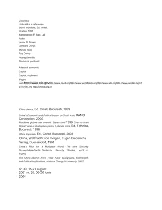 Ciocnirea
civilizatiilor si refacerea
ordinii mondiale, Ed. Antet,
Oradea, 1998
Kamenarovic P. Ivan Lal
Rollie
Lester R. Brown
Lombard Denys
Mende Tibor
Roy Denny
Huang,Kwei-Bo
Reviste si publicatii:
Adevarul economic
Capital
Capital, supliment
Pagini
web:http://www.cia.govhttp://www.oecd.orghttp://www.worldbank.orghttp://www.wto.orghttp://www.unctad.orghtt
p://unido.org http://china.org.cn
China clasica, Ed. Bicall, Bucuresti, 1999
China’s Economic and Political Impact on South Asia, RAND
Corporation, 2003
Probleme globale ale omenirii. Starea lumii 1996 Cine va hrani
China? Apel la desteptare pentru 0 planeta mica, Ed. Tehnica,
Bucuresti, 1996
China imperiala, Ed. Corint, Bucuresti, 2003
China, Weltmacht von morgen, Eugen Diederichs
Verlag, Duesseldorf, 1961
China’s Pitch for a Multipolar World. The New Security
Concept,Asia-Pacific Center for Security Studies, vol 2, nr.
1/2003
The China-ASEAN Free Trade Area: background, Framework
and Political Implications, National Chengchi University, 2002
nr, 33, 15-21 august
2001 nr. 26, 06-30 iunie
2004
 