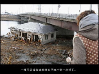 一幢民居被海啸卷起的巨浪冲到一座桥下。  