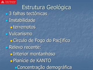 Estrutura Geológica
 3 falhas tectônicas
 Instabilidade
 terremotos
 Vulcanismo
 Círculo de Fogo do Pac[ifico
 Relevo recente:
 Interior montanhoso
 Planície de KANTO
Concentração demográfica
 