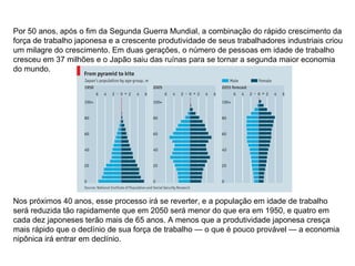 Por 50 anos, após o fim da Segunda Guerra Mundial, a combinação do rápido crescimento da força de trabalho japonesa e a crescente produtividade de seus trabalhadores industriais criou um milagre do crescimento. Em duas gerações, o número de pessoas em idade de trabalho cresceu em 37 milhões e o Japão saiu das ruínas para se tornar a segunda maior economia do mundo. Nos próximos 40 anos, esse processo irá se reverter, e a população em idade de trabalho será reduzida tão rapidamente que em 2050 será menor do que era em 1950, e quatro em cada dez japoneses terão mais de 65 anos. A menos que a produtividade japonesa cresça mais rápido que o declínio de sua força de trabalho — o que é pouco provável — a economia nipônica irá entrar em declínio.  