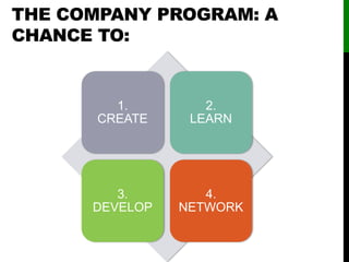 THE COMPANY PROGRAM: A
CHANCE TO:
1.
CREATE
2.
LEARN
3.
DEVELOP
4.
NETWORK
 