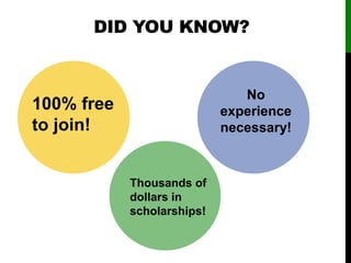 DID YOU KNOW?
100% free
to join!
Thousands of
dollars in
scholarships!
No
experience
necessary!
 