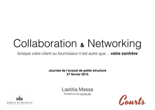 Collaboration & Networking
lorsque votre client ou fournisseur n’est autre que… votre confrère
Laetitia Massa
fondatrice de courts.be
Journée de l’avocat de petite structure
27 février 2015
 