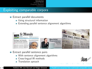 Introduction
                                    Existing Works
                                Proposed Approach
                                        Conclusion


    Exploiting comparable corpora
          Extract parallel documents
                Using structural information
                Extending parallel sentence alignement algorithms




          Extract parallel sentence pairs
                With sentence alignement algorithms
                Cross-lingual IR methods
                Translation aproach

6/ 29     Haithem Aﬂi, Lo¨ Barrault and Holger Schwenk
                         ıc                              Parallel text extraction from multimodal comparable corpora
 