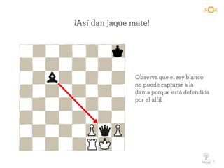 Observa que el rey blanco
no puede capturar a la
dama porque está defendida
por el alfil.
2
¡Así dan jaque mate!
 