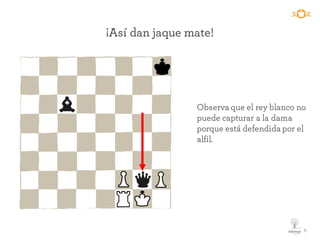 6
¡Así dan jaque mate!
Observa que el rey blanco no
puede capturar a la dama
porque está defendida por el
alfil.
 