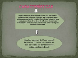 Hojas de cálculo Microsoft Excel son una herramienta
  indispensable para los contables, siendo ampliamente
utilizado para crear los estados financieros, así como para
   producir muchos otros tipos de informes financieros,
incluidos los presupuestos, previsiones, la tesorería y los
                   modelos financieros.




          Muchos usuarios de Excel no está
          familiarizado con tablas dinámicas,
           que es una de las características
                más potentes de Excel.
 