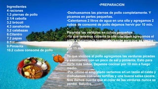 Ingredientes
4 raciones
1.3 piernas de pollo
2.1/4 cebolla
3.2 brócoli
4.3 zanahorias
5.2 calabazas
6.Cilantro
7.2 papas
8.Sal
9.Pimienta
10.2 cubos consomé de pollo
•PREPARACION
•Deshuesamos las piernas de pollo completamente. Y
picamos en partes pequeñas.
•Calentamos 2 litros de agua en una olla y agregamos 2
cubos de consomé de pollo dejamos hervir por 10 min.
•
Picamos las verduras en cubos pequeños.
•Ya que tenemos caliente la olla con agua agregamos el
pollo y bajamos la temperatura esto para que se cocine
lentamente y no se pierdan los nutrientes dejamos cocer
por 15 min.
•
Ya que vivimos el pollo agregamos las verduras picadas
y sazonamos con un poco de sal y pimienta. Esto para
darle más sabor. Dejamos cocinar por 10 min a fuego
medio.
•Por último el emplatado vertemos en un tazón el caldo y
disfrutamos con unas tortillas y una buena salsa cacera.
Nos damos cuenta que el color de las verduras nunca se
perdió. Saludos.
 