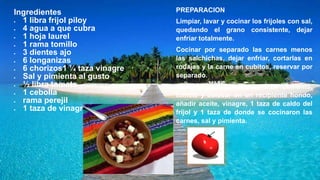 Ingredientes
 1 libra frijol piloy
 4 agua a que cubra
 1 hoja laurel
 1 rama tomillo
 3 dientes ajo
 6 longanizas
 6 chorizos1 ¼ taza vinagre
 Sal y pimienta al gusto
 ½ libra tomate
 1 cebolla
 rama perejil
 1 taza de vinagre
PREPARACION
Limpiar, lavar y cocinar los frijoles con sal,
quedando el grano consistente, dejar
enfriar totalmente.
Cocinar por separado las carnes menos
las salchichas, dejar enfriar, cortarlas en
rodajas y la carne en cubitos, reservar por
separado.
Picar el perejil, cebolla, chile pimiento,
tomate y colocar en un recipiente hondo,
añadir aceite, vinagre, 1 taza de caldo del
frijol y 1 taza de donde se cocinaron las
carnes, sal y pimienta.
 