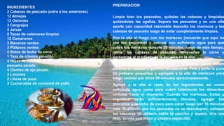 INGREDIENTES
2 Cabezas de pescado (extra a los anteriores)
12 Almejas
12 Ostiones
3 Cangrejos
3 Jaivas
2 Tazas de calamares limpios
12 Camarones
3 Bananos verdes
3 Plátanos verdes
2 Botes de leche de coco
1 Taza de cilantro picadito
4 Hojas de culantro de hoja ancha (de patio) Cebolla
pequeña picada
4 Dientes de ajo picado
3 Limones
2 Libras de yuca
3 Cucharadas de consomé de pollo
PREPARACION
Limpia bien los pescados, quítales las cabezas y límpialas
quitándoles las agallas. Separa los pescados y en una olla
aparte con capacidad razonable deposita los mariscos y las
cabezas de pescado luego de estar completamente limpios.
Pon la olla al fuego con los mariscos (recuerda que aquí no
van los pescados) y cocinar con suficiente agua para que
cubra los mariscos durante 25 minutos, luego de este tiempo,
retirar las cabezas de pescado, removerles la carne y
agregarlas al producto de la cocción en la olla.
Por separado, pela los bananos y plátanos, éstos deben
partirse en rodajas y guardar las cáscaras. Pela y parte la yuca
en pedazos pequeños y agrégala a la olla de mariscos para
luego cocinar por otros 20 minutos aproximadamente.
Agrega a la olla el resto de los ingredientes así como
suficiente agua como para cubrir totalmente los alimentos
vertidos hasta el momento. Cuando los mariscos, frutas y
vegetales estén suficientemente blandos, agregar los
pescados y la leche de coco para cocer luego por 10 minutos
más. Buscando que los pescados no se desintegren, coloque
las cáscaras de plátano sobre la cocción y espere. Una vez
listo, sírvelo con limón y cilantro esparcido.
 