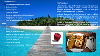  INGREDIENTES
 1 ½ Libras de tomate ciruelo maduro
 2 Chiles pimientos
 3 Chiles guaques
 2 Onzas de ajonjolí
 2 Onzas de pepitoria (semilla de calabaza )
 1 Raja pequeña de canela
 1 Onza de manteca de cerdo Achiote Sal
Masa:
 1 ½ Libra de masa de maíz
 6 Onzas de arroz 8 Onzas de manteca de marrano Sal Hojas y Adornos
 1 Maleta de hojas de plátano
 2 Maletas de hojas de Maxán o de hoja de sal 1 manojo de cibaque
 3 Chiles pimientos para ser asados
 4 Onzas de aceitunas
 4 Onzas de alcaparras
 2 Libras de carne de cerdo y 1/2 Libra de tocino en pedazos pequeños
PREPARACION
Se cortan las hojas de Maxán (cuadros) por la parte más
gruesa, se lavan bien y se ponen a secar al sol. Se cortan
las hojas de plátano en cuadros de 25 cm, se lavan y se
ponen a cocer en agua por 10 minutos.
La Masa: Deshacer y mezclar la masa de maíz en 1/2 litro
de agua y se licua. En una hoya adecuada se ponen a
hervir 4 tazas de agua, se agrega la masa ya licuada y se
revuelve constantemente.
Cuando la masa este espesa, se sigue batiendo la masa
añadiéndole suficiente sal, ya que tiende a perderse el
sabor de la sal (en el tamal) durante la cocción. Si la masa
se pone demasiado espesa se le agrega agua caliente, de a
pocos.
 
