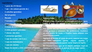 Ingredientes
 1 pavo de (10 libras)
 1 ajo ( de cabeza grande de )
 2 cebollas (grandes)
 Sal (al gusto)
 Recado
 7 tomates (maduros)
 2 tomates (de árbol)
 2 onzas de miltomate
 2 chile guaque ( grandes)
 7 clavos (de olor)
 7 pimientas (gordas)
 1 raja de canela ( de 5 cm.)
 1 taza de hierbabuena
 1 taza de cilantro
 Hojas de zamat y chile cobanero (al gusto)
Instrucciones
Flamee y lave el pavo en un olla con suficiente agua,
cueza el pavo con cebolla y ajo. Cuando el ave esté
suave, retírela de la olla.
Por aparte ase los tomates, miltomates, ajo, cebolla,
chiles guaque y cobanero. De preferencia, muélalos
en una piedra de moler o licuelos hasta obtener una
consistencia suave.
Agregue el recado al caldo de pavo; sazone con hojas
de olor, pimienta gorda, clavos asados y
machacados.La receta puede variar según la región.
Es recomendable que en el Kaq’ik siempre vaya un
macho y una hembra, ya que se da un mejor sabor.
 