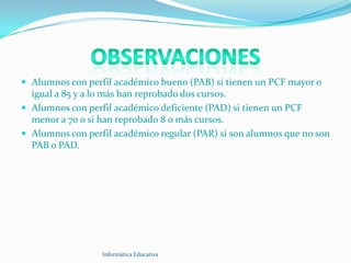  Alumnos con perfil académico bueno (PAB) si tienen un PCF mayor o
  igual a 85 y a lo más han reprobado dos cursos.
 Alumnos con perfil académico deficiente (PAD) si tienen un PCF
  menor a 70 o si han reprobado 8 o más cursos.
 Alumnos con perfil académico regular (PAR) si son alumnos que no son
  PAB o PAD.




                  Informática Educativa
 