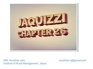 QM- Anubhav Jain
Institute of Rural Management, Jaipur

anubhav.aj@gmail.com

 