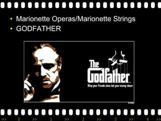 >> 0 >> 1 >> 2 >> 3 >> 4 >>
• Marionette Operas/Marionette Strings
• GODFATHER
 