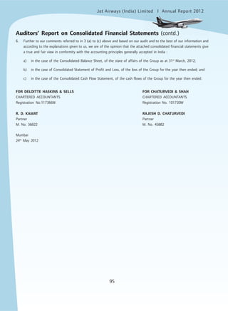 Jet Airways (India) Limited Annual Report 2012mited
95
6. Further to our comments referred to in 3 (a) to (c) above and based on our audit and to the best of our information and
according to the explanations given to us, we are of the opinion that the attached consolidated financial statements give
a true and fair view in conformity with the accounting principles generally accepted in India :
a) in the case of the Consolidated Balance Sheet, of the state of affairs of the Group as at 31st
March, 2012;
b) in the case of Consolidated Statement of Profit and Loss, of the loss of the Group for the year then ended; and
c) in the case of the Consolidated Cash Flow Statement, of the cash flows of the Group for the year then ended.
FOR DELOITTE HASKINS & SELLS FOR CHATURVEDI & SHAH
CHARTERED ACCOUNTANTS CHARTERED ACCOUNTANTS
Registration No.117366W Registration No. 101720W
R. D. KAMAT RAJESH D. CHATURVEDI
Partner Partner
M. No. 36822 M. No. 45882
Mumbai
24th
May 2012
Auditors’ Report on Consolidated Financial Statements (contd.)
 