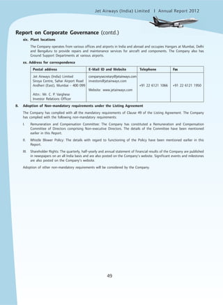 Jet Airways (India) Limited Annual Report 2012mited
49
xix. Plant locations
The Company operates from various offices and airports in India and abroad and occupies Hangars at Mumbai, Delhi
and Bengaluru to provide repairs and maintenance services for aircraft and components. The Company also has
Ground Support Departments at various airports.
xx. Address for correspondence
Postal address E-Mail ID and Website Telephone Fax
Jet Airways (India) Limited companysecretary@jetairways.com
Siroya Centre, Sahar Airport Road investors@jetairways.com
Andheri (East), Mumbai - 400 099 +91 22 6121 1066 +91 22 6121 1950
Website: www.jetairways.com
Attn.: Mr. C. P. Varghese
Investor Relations Officer
8. Adoption of Non-mandatory requirements under the Listing Agreement
The Company has complied with all the mandatory requirements of Clause 49 of the Listing Agreement. The Company
has complied with the following non-mandatory requirements:
I. Remuneration and Compensation Committee: The Company has constituted a Remuneration and Compensation
Committee of Directors comprising Non-executive Directors. The details of the Committee have been mentioned
earlier in this Report.
II. Whistle Blower Policy: The details with regard to functioning of the Policy have been mentioned earlier in this
Report.
III. Shareholder Rights: The quarterly, half-yearly and annual statement of financial results of the Company are published
in newspapers on an all India basis and are also posted on the Company’s website. Significant events and milestones
are also posted on the Company’s website.
Adoption of other non-mandatory requirements will be considered by the Company.
Report on Corporate Governance (contd.)
 