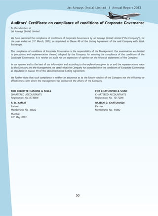 Jet Airways (India) Limited Annual Report 2012mited
50
To the Members of
Jet Airways (India) Limited
We have examined the compliance of conditions of Corporate Governance by Jet Airways (India) Limited (“the Company”), for
the year ended on 31st
March, 2012, as stipulated in Clause 49 of the Listing Agreement of the said Company with Stock
Exchanges.
The compliance of conditions of Corporate Governance is the responsibility of the Management. Our examination was limited
to procedures and implementation thereof, adopted by the Company for ensuring the compliance of the conditions of the
Corporate Governance. It is neither an audit nor an expression of opinion on the financial statements of the Company.
In our opinion and to the best of our information and according to the explanations given to us and the representations made
by the Directors and the Management, we certify that the Company has complied with the conditions of Corporate Governance
as stipulated in Clause 49 of the abovementioned Listing Agreement.
We further state that such compliance is neither an assurance as to the future viability of the Company nor the efficiency or
effectiveness with which the management has conducted the affairs of the Company.
FOR DELOITTE HASKINS & SELLS FOR CHATURVEDI & SHAH
CHARTERED ACCOUNTANTS CHARTERED ACCOUNTANTS
Registration No.117366W Registration No. 101720W
R. D. KAMAT RAJESH D. CHATURVEDI
Partner Partner
Membership No. 36822 Membership No. 45882
Mumbai
24th
May 2012
Auditors’ Certificate on compliance of conditions of Corporate Governance
 
